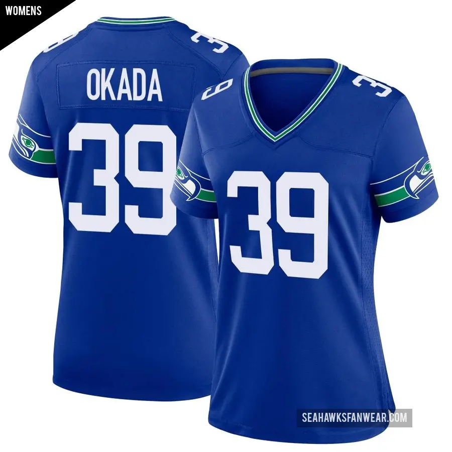 Women's Seattle Seahawks ＃39 Ty Okada Royal Game Throwback Jersey